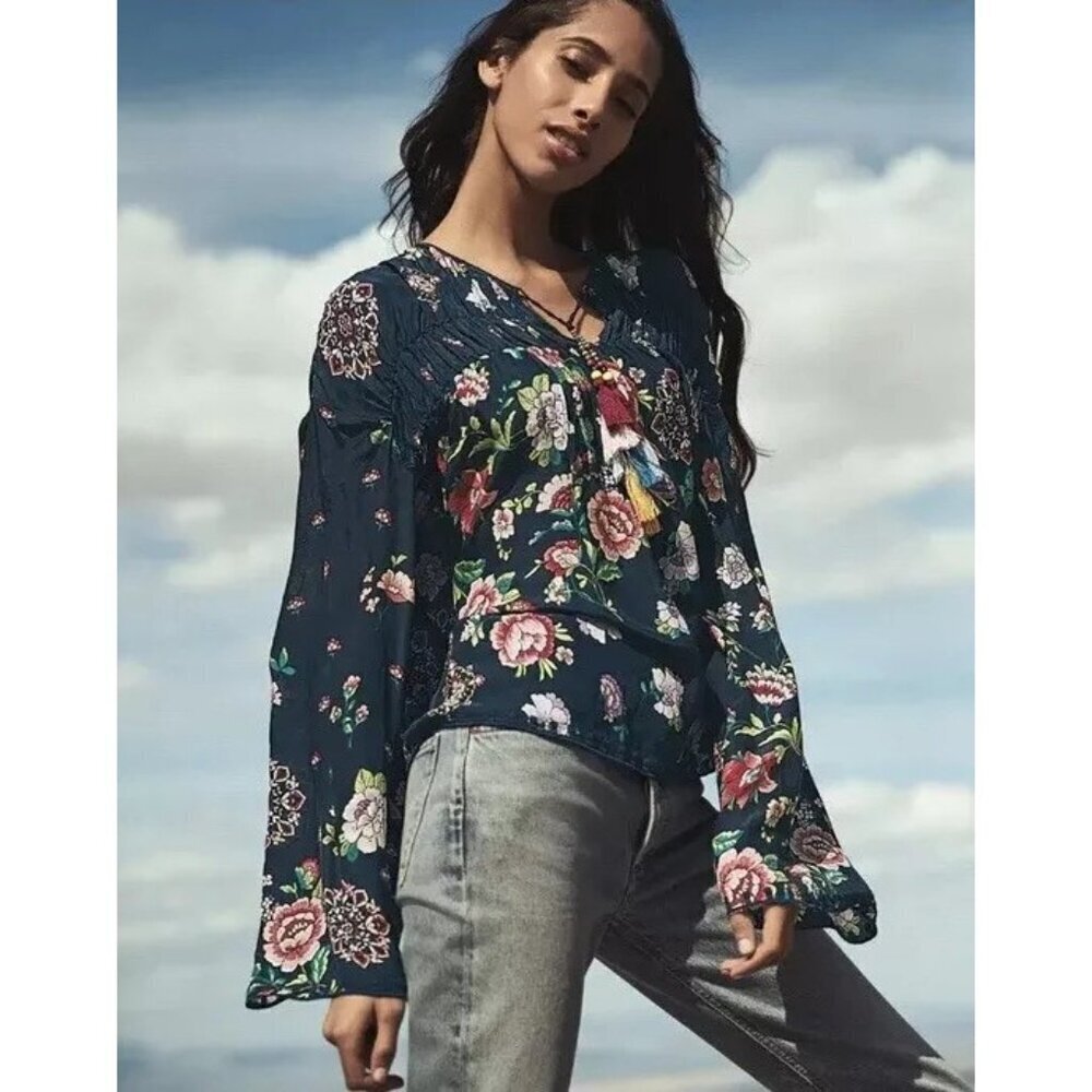 Johnny Was Floral Harley Peasant Top Womens Sz S Peasant Shirt Tassels Boho Art